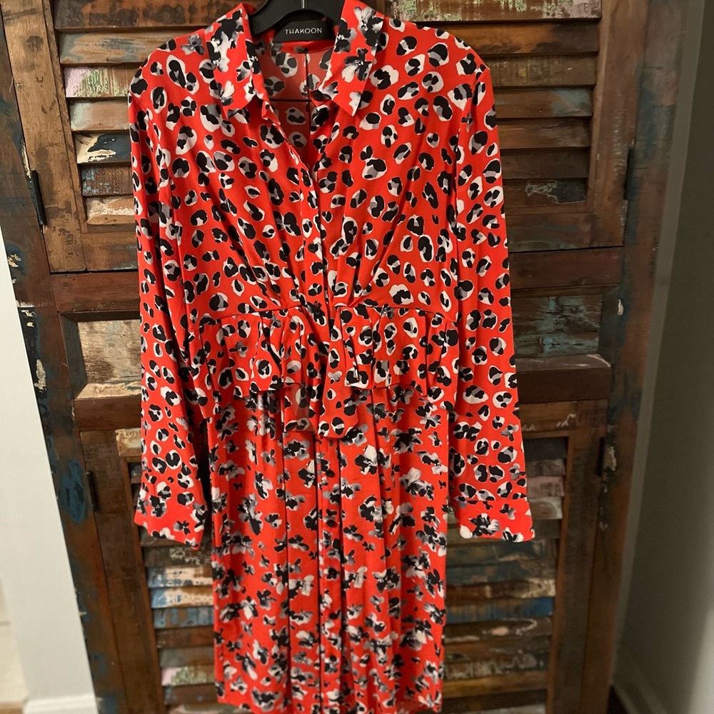 Thakoon Red Silk Shirt Dress Animal Print Button Front Peplum Ruffle Wai…